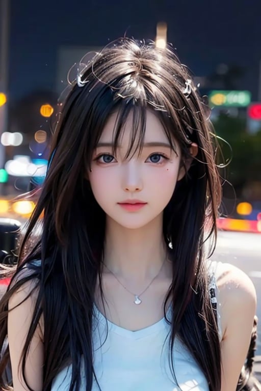 Best quality, masterpiece, ultra high res, (photorealistic:1.37), (medium full shot:1.3), raw photo, a young girl, 17 year old, long hair flowing by the wind, bangs, detailed eyes and face, perfect anatomy. dynamic lighting, in the dark, deep shadow, low key, cinematic image, bright city, floting city on the background. undershirt, 
