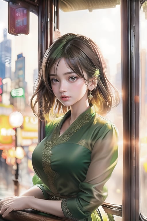 A young woman's introspective gaze stretches out the window of a vintage bus, framed by a worn wooden sill.Close-up big headshot, Neon lights and streetlights cast a warm golden glow on the bustling Shanghai streets below, with towering skyscrapers and busy alleys reflecting the moist sunlight. Her vibrant green cheongsam stands out against the cityscape, complemented by subtle shading on her porcelain skin. Pensive, she leans against the glass, hands moving gracefully as her lips curve in longing, lost in thought amidst the city's vitality.,perfect light,1 girl,realhands