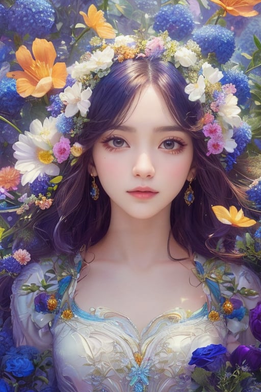 A captivating digital art portrait of a young woman surrounded by a vibrant array of flowers. Her wavy, dark blue hair frames her face, blending seamlessly with the floral elements around her. The flowers, in shades of orange, blue, and white, create a striking contrast against her pale skin. She gazes directly at the viewer with an intense, almost ethereal expression. The intricate details of the petals and leaves intertwine with her hair, giving the impression that she is one with nature. The overall composition is both delicate and dramatic, evoking a sense of mystery and enchantment.