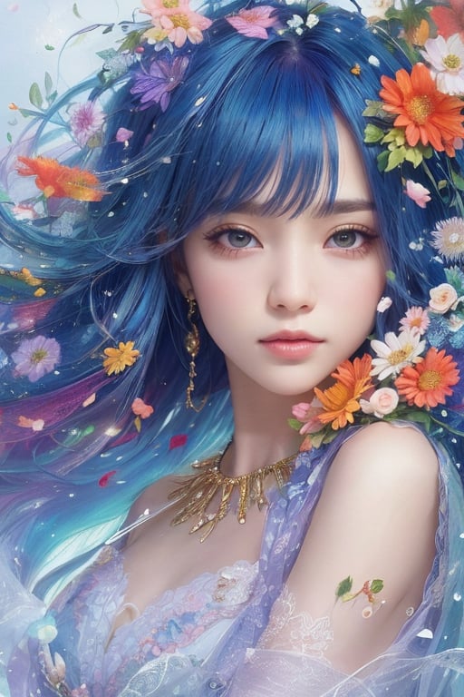 A captivating digital art portrait of a young woman surrounded by a vibrant array of flowers. Her wavy, dark blue hair frames her face, blending seamlessly with the floral elements around her. The flowers, in shades of orange, blue, and white, create a striking contrast against her pale skin. She gazes directly at the viewer with an intense, almost ethereal expression. The intricate details of the petals and leaves intertwine with her hair, giving the impression that she is one with nature. The overall composition is both delicate and dramatic, evoking a sense of mystery and enchantment.