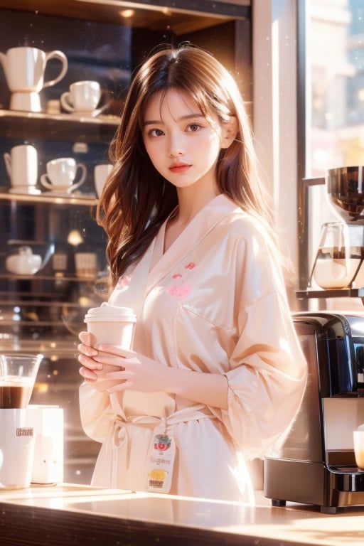 A Japanese girl in a coffee waitress costume smiles and hands a cup of fragrant coffee to a customer in a colorful coffee shop (1.3) (cafe environment interior design, coffee machine, coffee cups, shelves, coffee shop: 1.2). Looking at a store window while waiting for a friend (realistic: 1.2), (best quality: 1.3), photo-realistic, highly detailed, high resolution RAW photo, film grain, coffeeyadream, sntm, slingshot, fashion, sexy, real hand,realhands