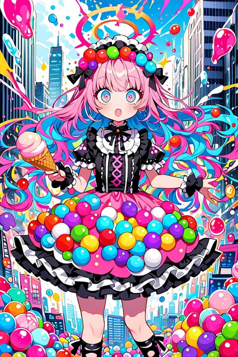 In a whimsical fusion of children's doodle style and Colorful pop art, an emo-pink Lolita girl proudly wears a dress crafted from swirling layers of jelly and ice cream. Her big eyes sparkle like candy-coated gems, surrounded by a halo of brightly colored berry beans. The composition is maximalist, with bold brushstrokes and vibrant hues. In the background, a Dal-6 inspired cityscape bursts with Color Splash chaos, as if the girl's very presence has unleashed a sugary storm.