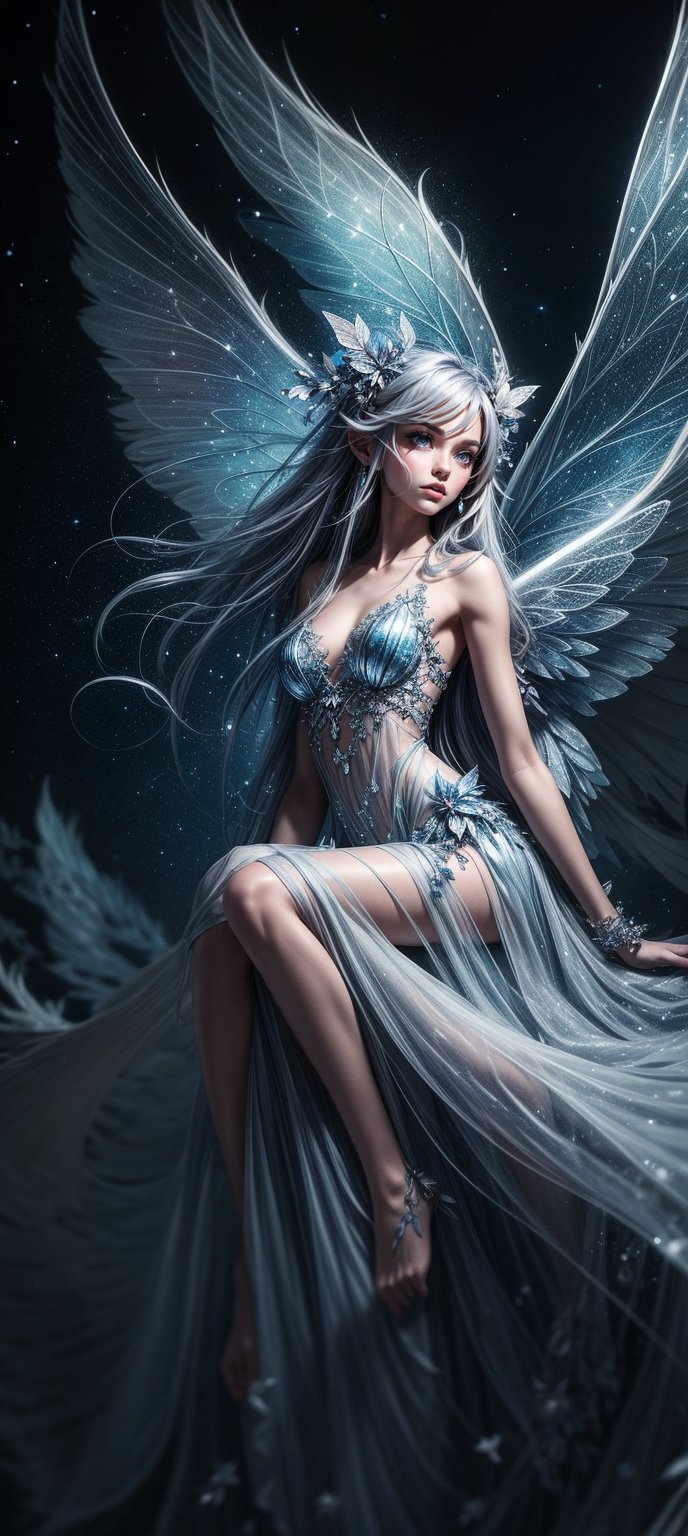 Create an ethereal scene featuring a fairy with delicate wings sitting amidst soft cloud-like formations under a starry sky. Include numerous small butterflies fluttering around the fairy. The color scheme should consist of cool blues and grays with subtle warm highlights for depth. The fairy's attire should resemble natural elements like leaves and fur, enhancing the mystical atmosphere of the artwork. 