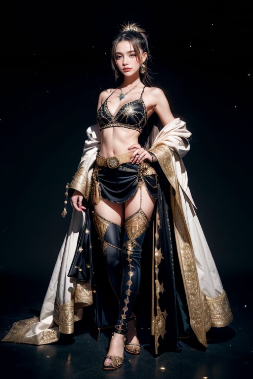 A girl, she was wearing a silver-white tight-fitting top with star-like embellishments on it, like stars in the night sky. The material of the top looked soft and shiny, hugging her body and showing off her beautiful curves. She wears a long blue-black cloak, dotted with sparkling silver stars, with a dark blue lining and black outside. Her bottoms are a silver short skirt with a blue gradient effect on the hem. Earrings, necklaces and bracelets. The earrings are in the shape of small stars, a silver star hangs from the necklace, and the bracelet is decorated with detailed carvings and gemstones. There is a silver belt tied around her waist, with some small accessories hanging on the belt, which adds to the layering of the overall look. Another girl, she wore a black tight-fitting combat uniform with a simple and practical top design, with red and gold decorations. She wore a red cloak with a black lining and a red outer lining, embroidered with gold patterns. Her bottoms were black leggings with red and gold embellishments that matched her top. Earrings, gloves and wrist guards. The earrings are small and round, and the gloves and wrist guards have gold decorations. She has a belt with gold embellishments around her waist. Her hair is dark red, medium length, and is usually tied into a high ponytail. Her hair accessory was a headband with gold embellishments that matched the overall look.full-body shot