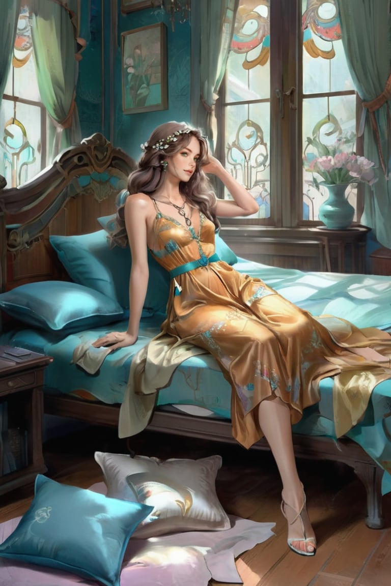 Woman lying on bed with pillow and computer, pastels by Eva Frankfurt, reddit, art nouveau, summer dress, wearing summer dress, silk dress, cute sundress, cute dress, beautiful silk jumpsuit Dresses, tank tops, sundresses, beautiful soft silk dresses, flowy dresses, soft and lovely colors, sundresses