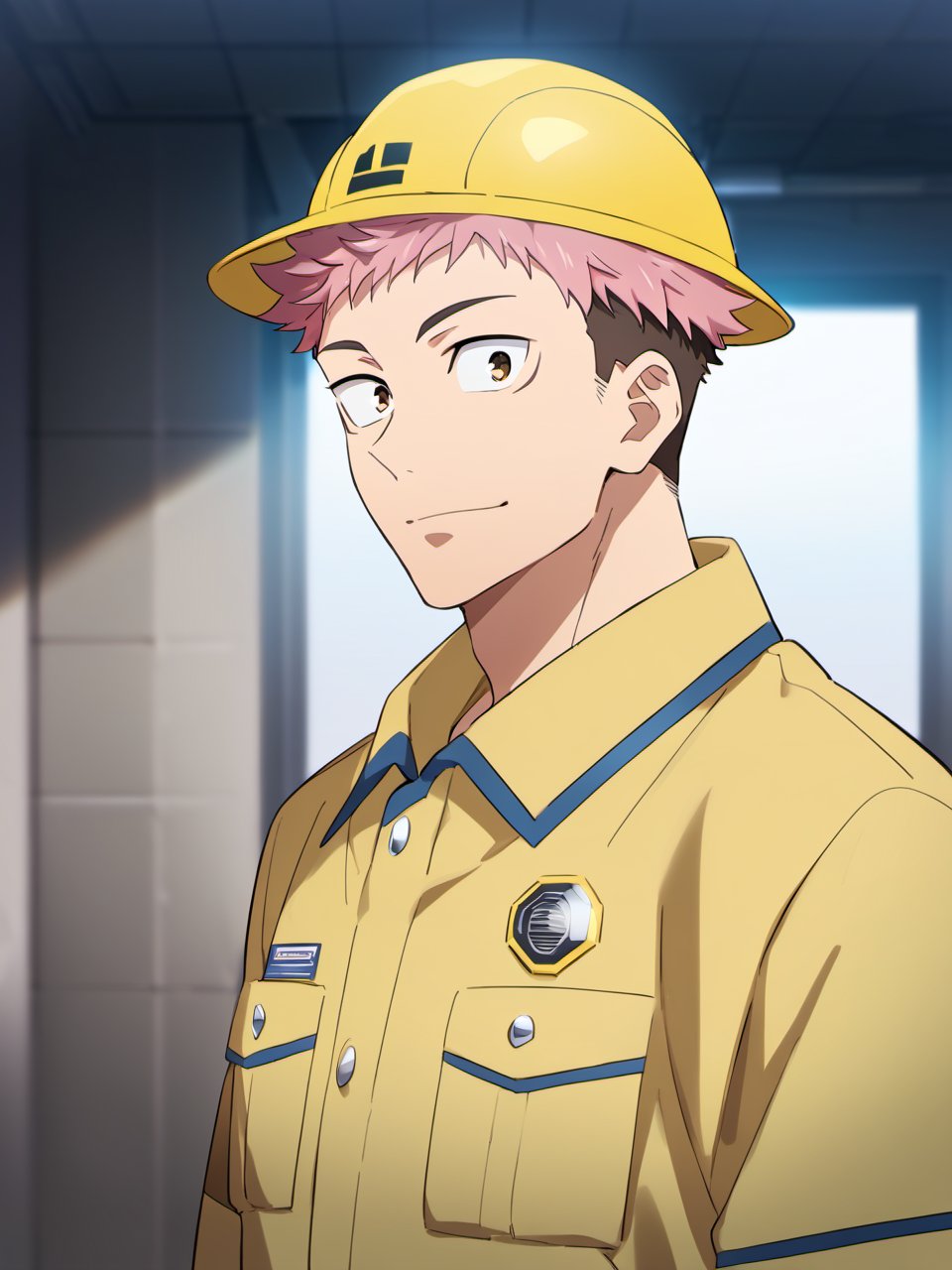 Masterpiece, best quality, amazing quality, best aesthetic, amazing quality, 1boy, solo, male focus, yuuji_itadori, pink hair, brown eyes, short hair, undercut, engineer, yellow uniform, yellow safety hard hat cap style , heavy generator, looking at viewer, upper body only