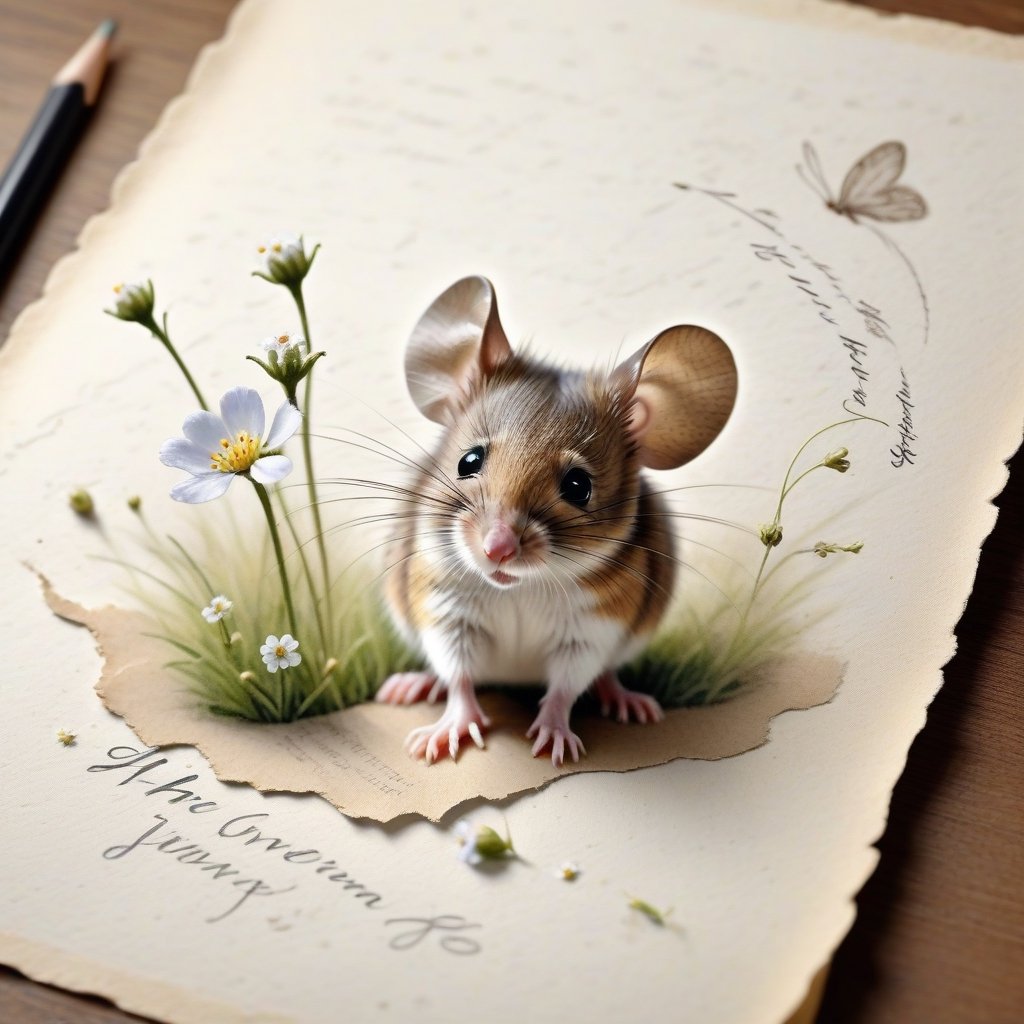 ((ultra realistic photo)), artistic sketch art, Make a little WHITE LINE pencil sketch of a cute LITTLE MOUSE on an old TORN EDGE paper , art, textures, pure perfection, high definition, LITTLE FRUITS around, TINY DELICATE FLOWERS, GRASS FIBERS on the paper, little calligraphy text