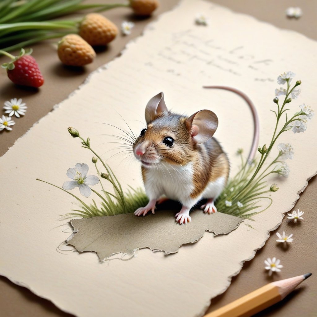 ((ultra realistic photo)), artistic sketch art, Make a little WHITE LINE pencil sketch of a cute LITTLE MOUSE on an old TORN EDGE paper , art, textures, pure perfection, high definition, LITTLE FRUITS around, TINY DELICATE FLOWERS, GRASS FIBERS on the paper, little calligraphy text