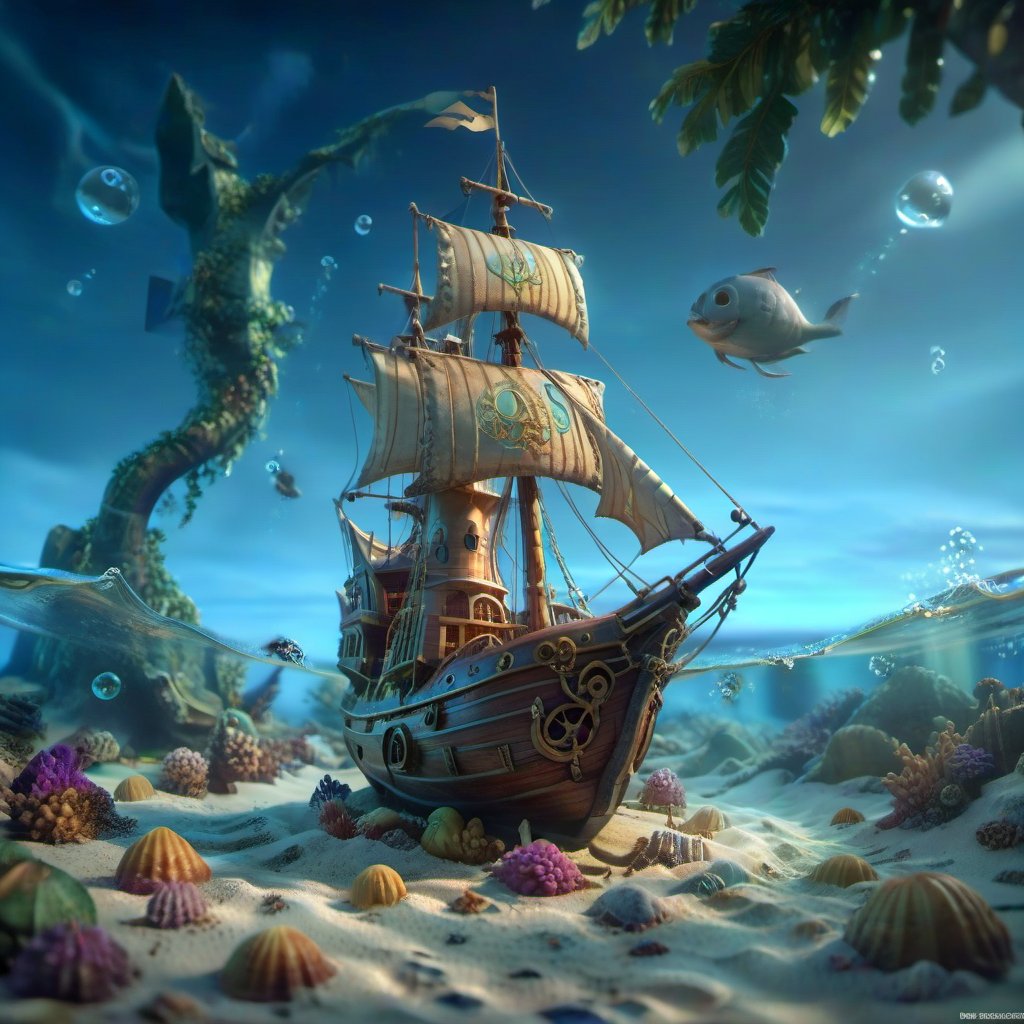 MAGICAL cute STORYBOOK tropical bay , shabby STYLE lovely sailing ship on the beach, view on the tropical bay , summer, underwater  Modifiers: highly detailed dof trending on cgsociety steampunk fantastic view ultra detailed 4K 3D whimsical Storybook beautifully lit etheral highly intricate stunning color depth disorderly outstanding cute illustration cuteaesthetic Boris Vallejo style shadow play The mood is Mysterious and Spellbinding, with a sense of otherworldliness  otherwordliness macro photography style LEONARDO DIFFUSION XL STYLE vintage-futuristic