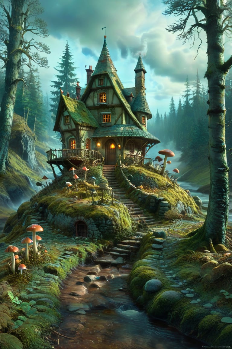  little shabby cottage under the cloud and thunder on  the deep, ghost hunted dark forest path,  mossy trees and moss AROUND, and little dotted mushrooms, close to the path near the stream, Jean-Baptiste Monge, Kukharskiy Igor, Thomas wells schaller style, ghostly scenery, Nazar Noschenko Modifiers: dof trending on cgsociety , fantastic view ultra detailed 4K 3D whimsical Storybook beautifully lit etheral Quirky Exquisite highly intricate stunning color depth disorderly outstanding cute illustration cuteaesthetic Boris Vallejo style shadow play The mood is Mysterious and Spellbinding, with a sense of otherworldliness , macro photography style LEONARDO DIFFUSION XL STYLE vintage
