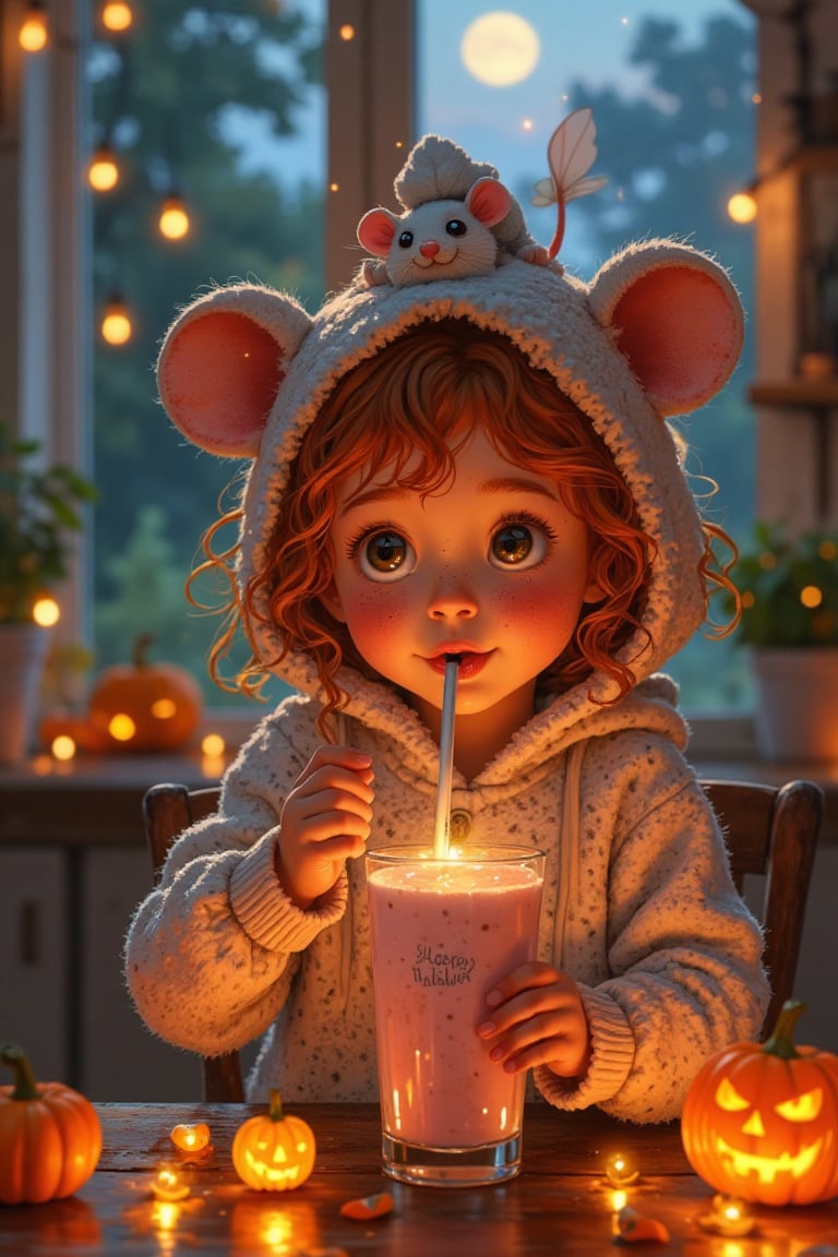 The sweetest cute little two years old girl in a roller skater style hooded pullover. sips a pale strawberry shake from a tall glass with a frothy top, using a straw. Her cute, puffy cheeks and soft red curly hair add to her charm and the little summer-freckled puffy cheeks. Sitting at the kitchen window. Her ringlety hair held by adorable little furry ,cute mouse with tiny wings levitate around her head holding up in the air one of her curly lock ending. The table in front of her is decorated for Halloween, with tiny, glowing pumpkin lanterns scattered across, adding a magical, festive glow to the scene. the tall glass labelled with the text "Happy Halloween!" a little Halloween pumpkin lantern smile next to the girl, the evening moon glow