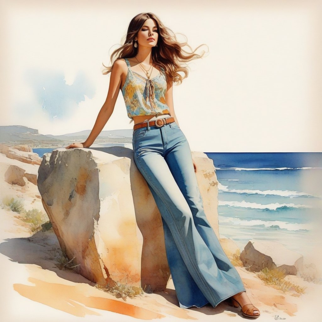 young girl , lazy long hair style, long legs, Riviera spring beach near the ocean (full body shot, '60s hippie style long baggy jeans). Modifiers:modern colorful illustration style VINTAGE fashion illustration, Coby Whitmore ART, VINTAGE 1960s hippie boho fashion illustration, whimsical style, intricately textured and detailed, Pomological Watercolor, depth of field, ultra quality ,ink art, transparent fading , shadow play, high colour contrast,watercolor,aw0k collage,KA,steampunk style,cinematic style