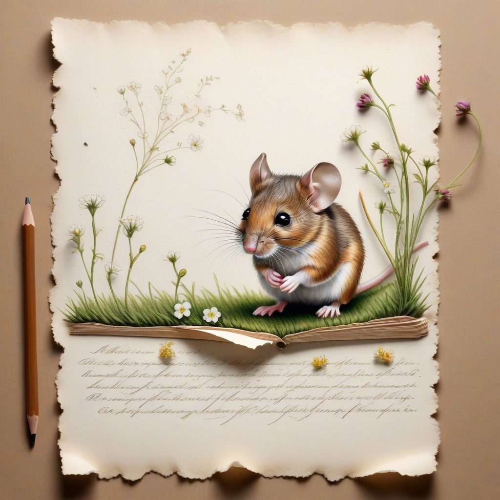 ((ultra realistic photo)), artistic sketch art, Make a little WHITE LINE pencil sketch of a cute LITTLE MOUSE on an old TORN EDGE paper , art, textures, pure perfection, high definition, LITTLE FRUITS around, TINY DELICATE FLOWERS, GRASS FIBERS on the paper, little calligraphy text