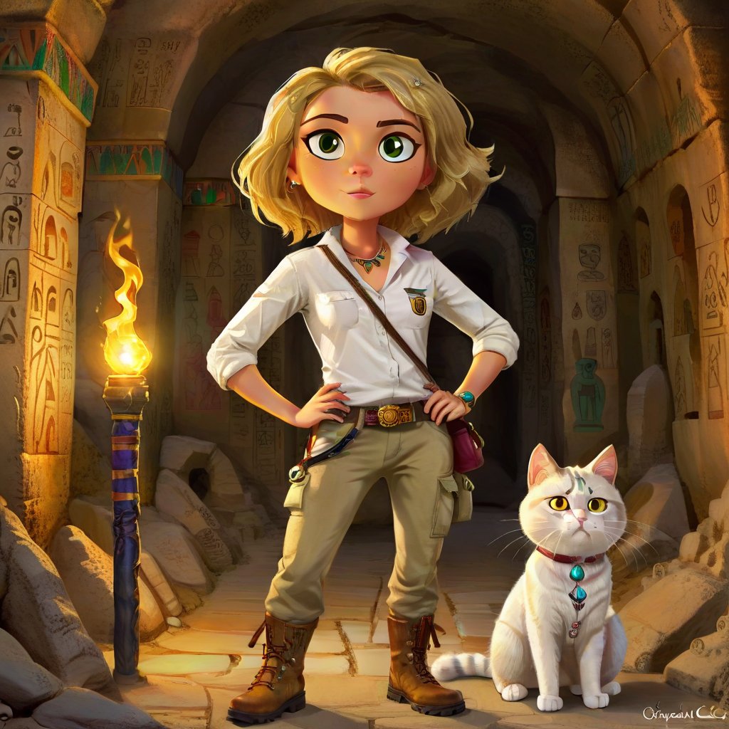 one tall skiny explorer woman in cargo pants khaki boots and white shirt, bob hair, lovely eyes,  exploring the Pharao's catacomb with a torch with a cat!  anchient Egyptian colorful detailed paintings, runes on the wall, one cute persian cat with the explorer.