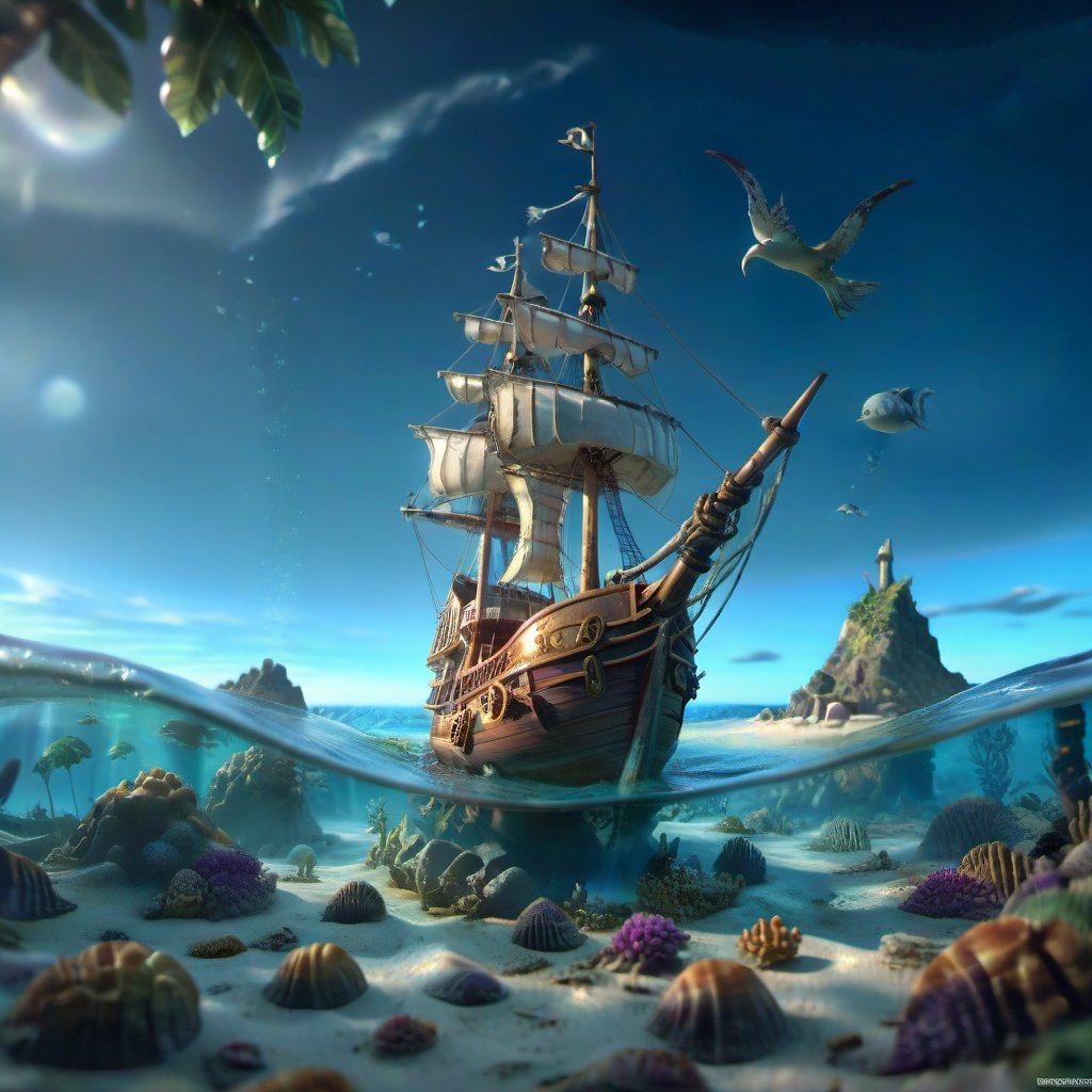 POV angle water, MAGICAL cute STORYBOOK tropical bay , shabby STYLE lovely sailing ship on the beach, view on the tropical bay , summer, semi underwater view.  Modifiers: highly detailed dof trending on cgsociety steampunk fantastic view ultra detailed 4K 3D whimsical Storybook beautifully lit etheral highly intricate stunning color depth disorderly outstanding cute illustration cuteaesthetic Boris Vallejo style shadow play The mood is Mysterious and Spellbinding, with a sense of otherworldliness  otherwordliness macro photography style LEONARDO DIFFUSION XL STYLE vintage-futuristic