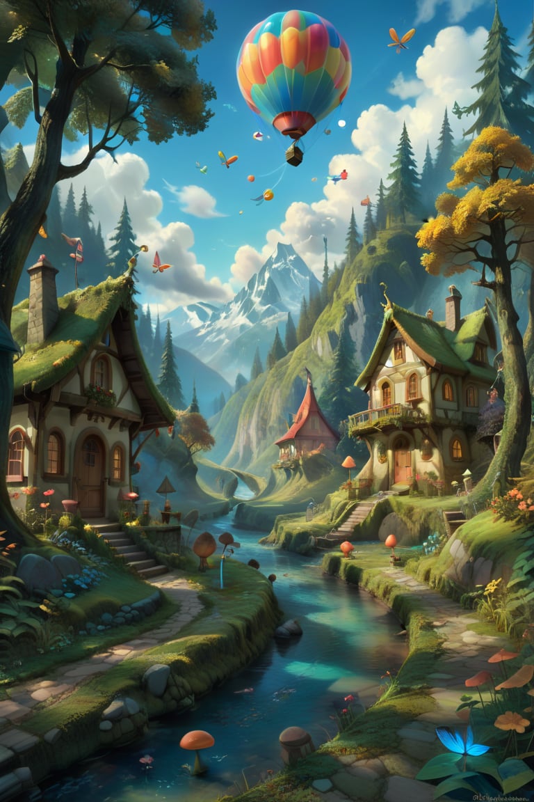 Little Fairy cottage on the deep, ghost hunted dark forest path, mossy trees and moss AROUND, and little dotted mushrooms close to the path near the crystal clear plashy stream, tiny fairy fly near the stream, fluffy cloud and a colorful airballoon above the lovely cottage, festive happy mood. Jean-Baptiste Monge, Kukharskiy Igor, Thomas wells schaller style, ghostly scenery, Nazar Noschenko Modifiers: dof trending on cgsociety , fantastic view ultra detailed 4K 3D whimsical Storybook beautifully lit etheral Quirky Exquisite highly intricate stunning color depth disorderly outstanding cute illustration cuteaesthetic Boris Vallejo style shadow play The mood is Mysterious and Spellbinding, with a sense of otherworldliness , macro photography style LEONARDO DIFFUSION XL STYLE vintage
