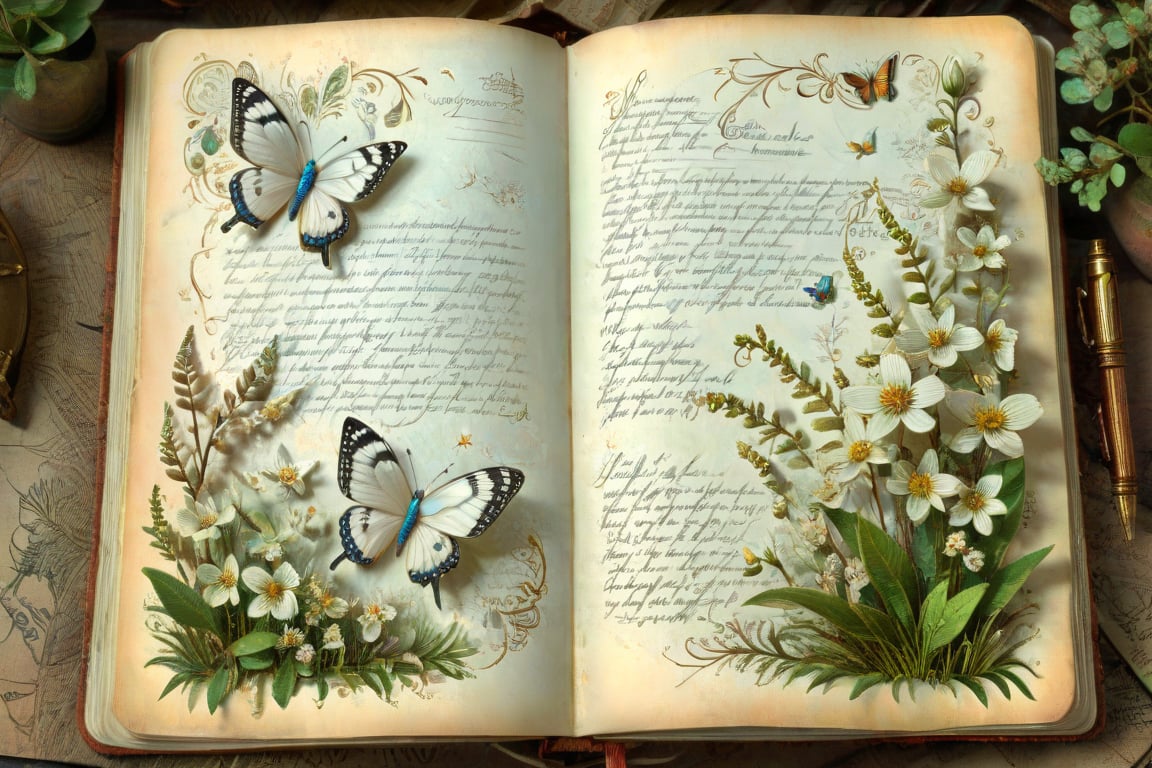 Beautifully illustrated , antique hand written nature journal page, 3d little white butterflies and tiny flowers and focused detail on the journal page illustration. Modifiers: , magical, midjourney, astonishing, outstanding, otherwordliness, cute illustration, cuteaesthetic, Boris Vallejo style, highly intricate, whimsical, 4K 3D, stunning color depth, cute illustration, , stunning color depth, dreamlike, highly intricate illustration, macro photography style
