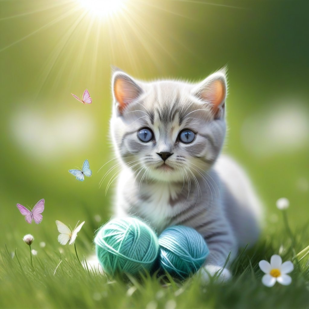 ((ultra realistic photo)), artistic sketch art, Make a little pencil sketch of a cute TINY BRITISH shorthaired CAT play with a ball of yarn  in the grass , art, textures, pure perfection, high definition, feather around, TINY DELICATE FLOWERS, ball of yarn, flower petals , Sun beam, butterfly, tiny cat toys, detailed calligraphy texts, tiny delicate drawings