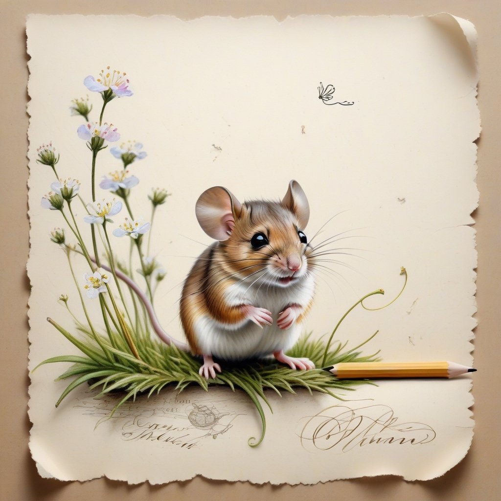 ((ultra realistic photo)), artistic sketch art, Make a little WHITE LINE pencil sketch of a cute LITTLE MOUSE on an old TORN EDGE paper , art, textures, pure perfection, high definition, LITTLE FRUITS around, TINY DELICATE FLOWERS, GRASS FIBERS on the paper, little calligraphy text