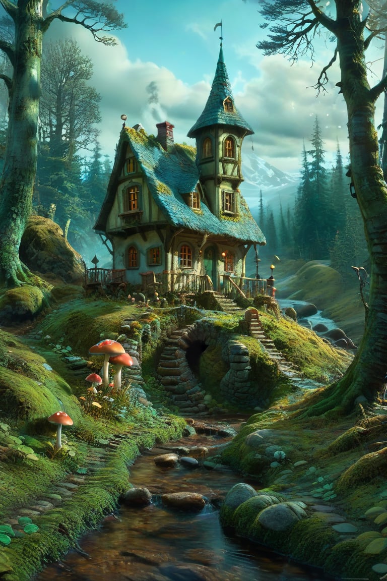  little shabby cottage under the cloud and thunder on  the deep, ghost hunted dark forest path,  mossy trees and moss AROUND, and little dotted mushrooms, close to the path near the stream, Jean-Baptiste Monge, Kukharskiy Igor, Thomas wells schaller style, ghostly scenery, Nazar Noschenko Modifiers: dof trending on cgsociety , fantastic view ultra detailed 4K 3D whimsical Storybook beautifully lit etheral Quirky Exquisite highly intricate stunning color depth disorderly outstanding cute illustration cuteaesthetic Boris Vallejo style shadow play The mood is Mysterious and Spellbinding, with a sense of otherworldliness , macro photography style LEONARDO DIFFUSION XL STYLE vintage
