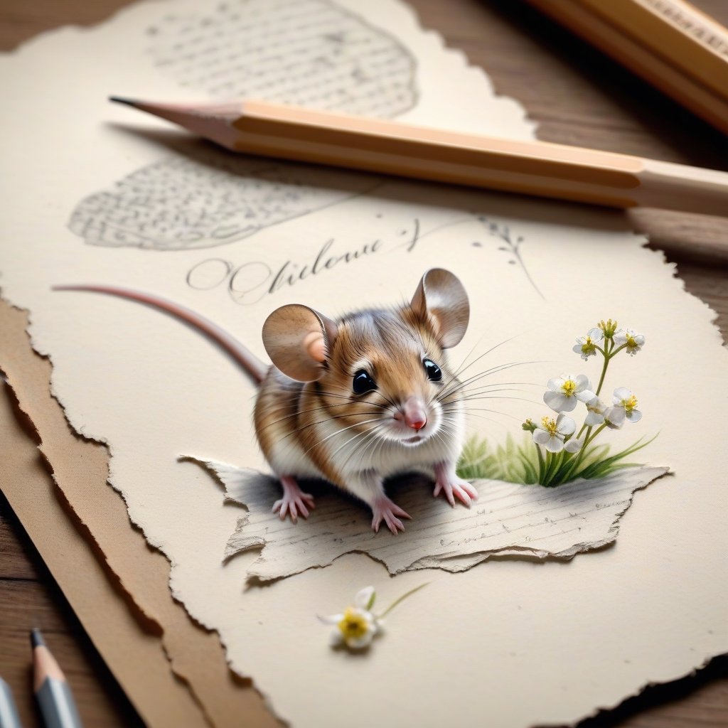 ((ultra realistic photo)), artistic sketch art, Make a little WHITE LINE pencil sketch of a cute LITTLE MOUSE on an old TORN EDGE paper , art, textures, pure perfection, high definition, LITTLE FRUITS around, TINY DELICATE FLOWERS, GRASS FIBERS on the paper, little calligraphy text