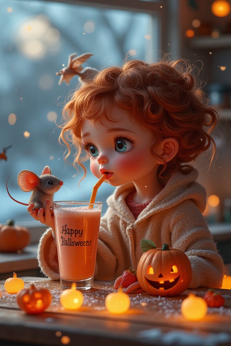 The sweetest cute little two years old girl in a roller skater style hooded pullover. sips a pale strawberry shake from a tall glass with a frothy top, using a straw. Her cute, puffy cheeks and soft reddish sassy hair add to her charm and the little summer-freckled cheeks, deep blue eyes. Sitting at the kitchen window. one adorable furry cute mouse with wings, levitate around her head holding up in the air one of her curly lock. The table in front of her is decorated for Halloween, with tiny, glowing pumpkin lanterns scattered across, adding a magical, festive glow to the scene. the tall glass labelled with the text "Happy Halloween!" a little Halloween pumpkin lantern smile next to the girl, the evening moon glowing and snowing outside