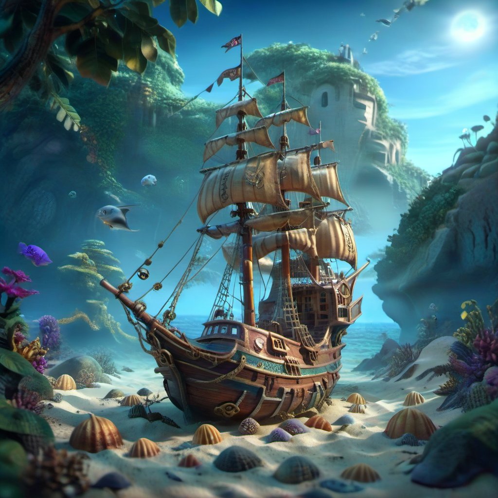 MAGICAL cute STORYBOOK tropical bay , shabby STYLE lovely sailing ship on the beach, view on the tropical bay , summer, underwater  Modifiers: highly detailed dof trending on cgsociety steampunk fantastic view ultra detailed 4K 3D whimsical Storybook beautifully lit etheral highly intricate stunning color depth disorderly outstanding cute illustration cuteaesthetic Boris Vallejo style shadow play The mood is Mysterious and Spellbinding, with a sense of otherworldliness  otherwordliness macro photography style LEONARDO DIFFUSION XL STYLE vintage-futuristic