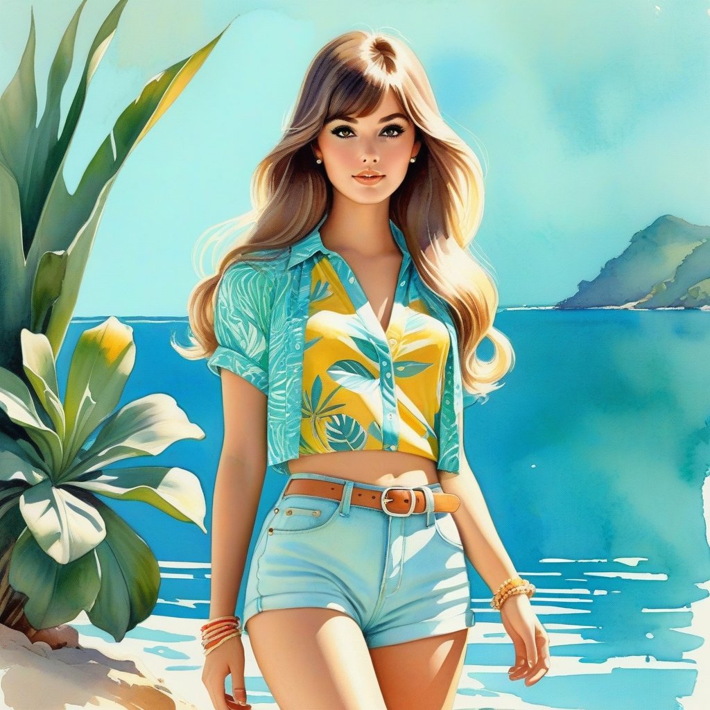 young girl , lazy long hair style, long legs, tropical lagoon spring sunny bay (full body shot, '60s hippi style pastell outfit, loose baggy jeans). Modifiers:modern colorful illustration style VINTAGE fashion illustration, by Coby Whitmore, Haddon Sundblom. VINTAGE 1960s hippie fashion illustration, whimsical style, intricately textured and detailed, Pomological Watercolor, depth of field, ultra quality ,ink art, transparent fading , shadow play, high colour contrast, AirBrush,mdsktch sketch of