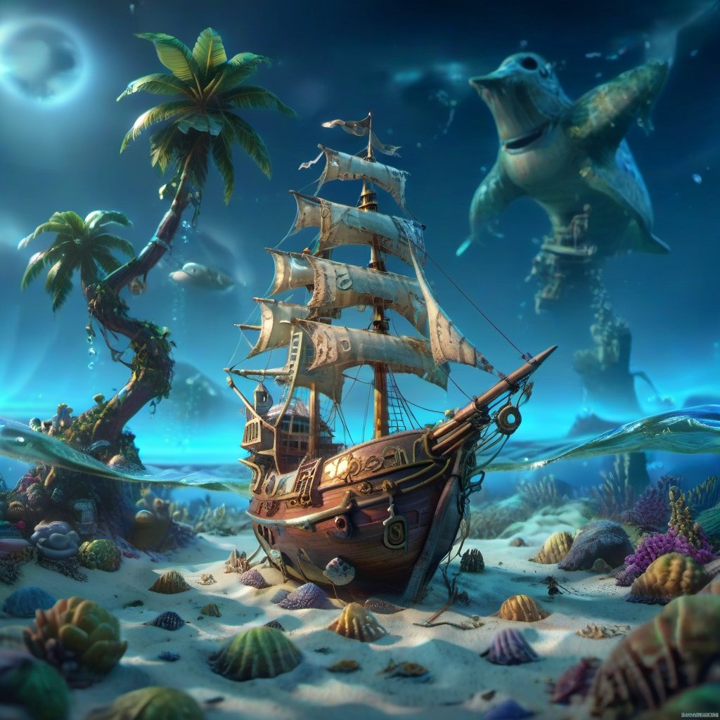 MAGICAL cute STORYBOOK tropical bay , shabby STYLE lovely sailing ship on the beach, view on the tropical bay , summer, semi underwater view.  Modifiers: highly detailed dof trending on cgsociety steampunk fantastic view ultra detailed 4K 3D whimsical Storybook beautifully lit etheral highly intricate stunning color depth disorderly outstanding cute illustration cuteaesthetic Boris Vallejo style shadow play The mood is Mysterious and Spellbinding, with a sense of otherworldliness  otherwordliness macro photography style LEONARDO DIFFUSION XL STYLE vintage-futuristic