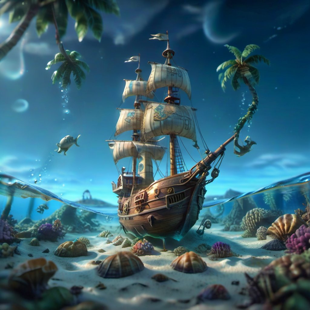 POV angle water, MAGICAL cute STORYBOOK tropical bay , shabby STYLE lovely sailing ship on the beach, view on the tropical bay , summer, semi underwater view.  Modifiers: highly detailed dof trending on cgsociety steampunk fantastic view ultra detailed 4K 3D whimsical Storybook beautifully lit etheral highly intricate stunning color depth disorderly outstanding cute illustration cuteaesthetic Boris Vallejo style shadow play The mood is Mysterious and Spellbinding, with a sense of otherworldliness  otherwordliness macro photography style LEONARDO DIFFUSION XL STYLE vintage-futuristic