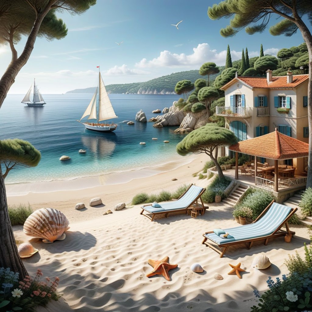 A serene NIzza beach scene unfolds before us. Little apartman house with terrace. Soft white sand stretches beneath the ge...