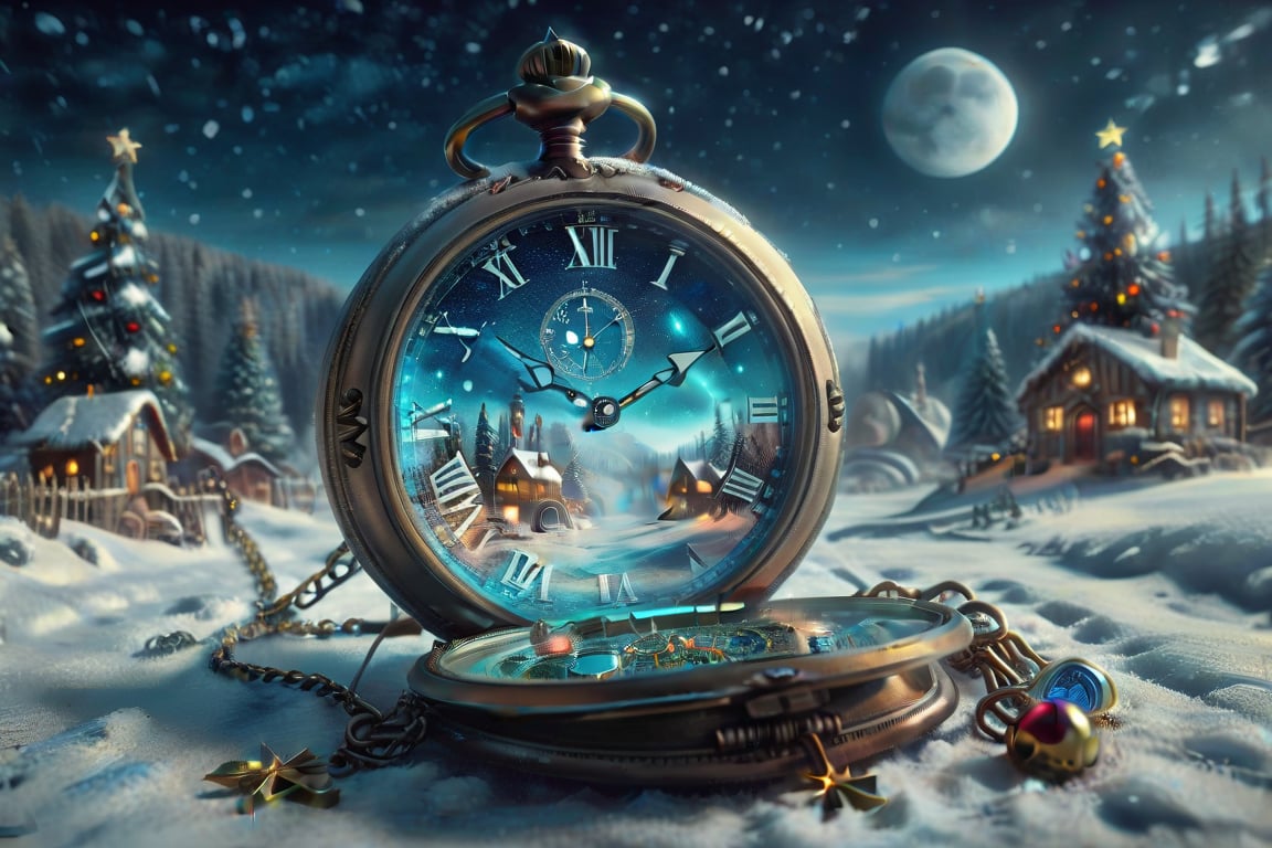 VINTAGE-FUTURISTIC opened pocket watch with ENCHANTED cosy detailed christmas snowy landscape on it's dial, DETAILED fantastic christmas living room around the watch, WORKING WATCH HANDS! Modifiers: dof trending on cgsociety steampunk fantastic view ultra detailed 4K 3D whimsical Storybook beautifully lit etheral Quirky Exquisite highly intricate stunning color depth disorderly outstanding cute illustration cuteaesthetic Boris Vallejo style shadow play The mood is Mysterious and Spellbinding, with a sense of otherworldliness clock hands otherwordliness macro photography style LEONARDO DIFFUSION XL STYLE vintage-futuristic