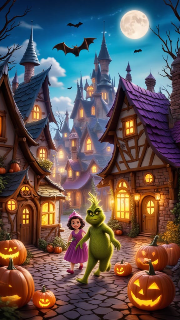 In a detailed, perspective view of Grinch’s village, we see a lively, fun Halloween makeover. The whimsical crooked rooftops are covered in glowing jack-o’-lanterns, friendly ghosts, and fun cobwebs. Cheerful pumpkins line the streets, and the village square has been transformed into a festive Halloween scene with a pumpkin contest. Bats flutter playfully around the rooftops, and the air is filled with laughter and excitement. The transformation is full of whimsical charm, bringing a fun, light-hearted Halloween energy to the village..The village is alive with festive Halloween cheer, and kids dressed in costumes run around with excitement. The atmosphere is filled with laughter and lighthearted Halloween spirit.