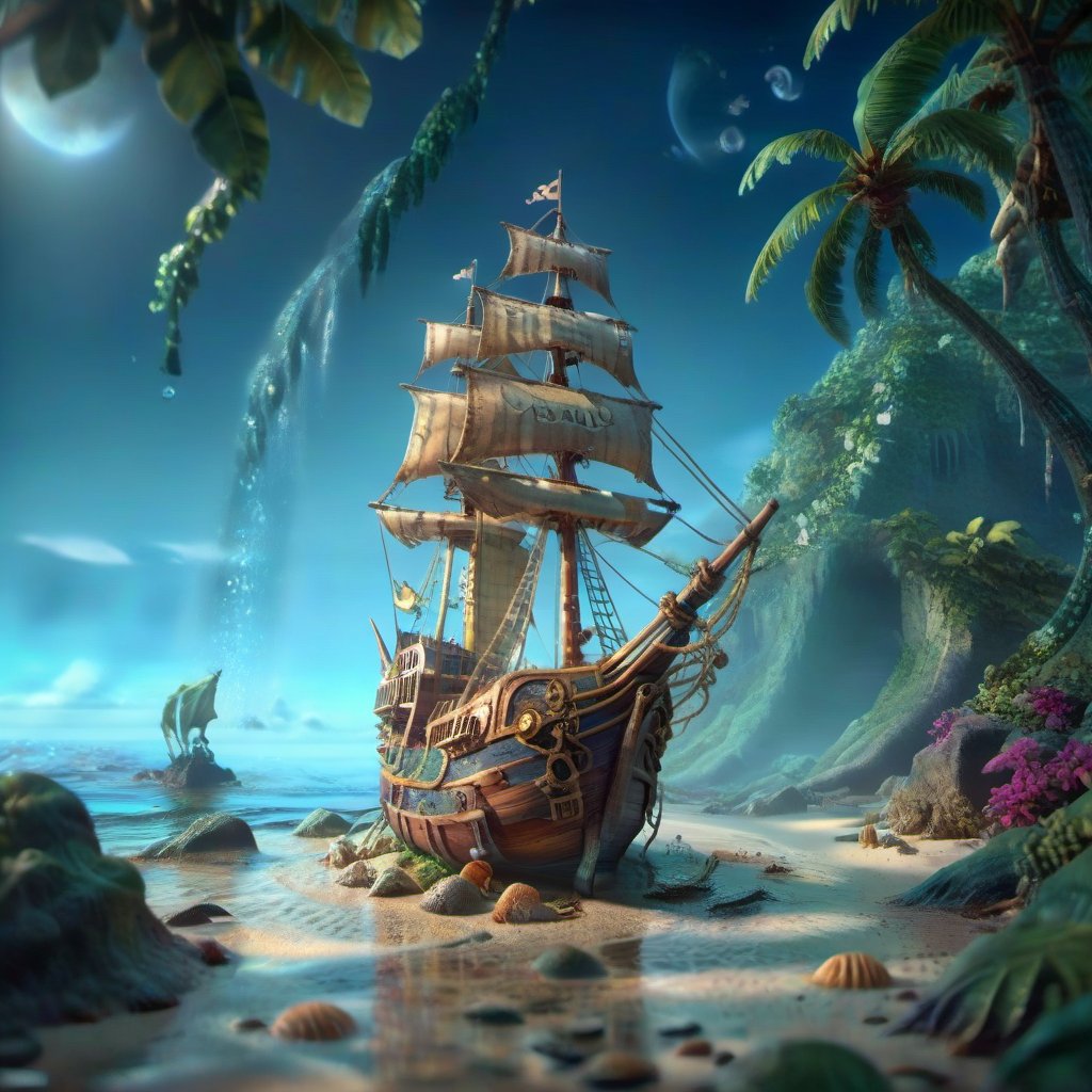 MAGICAL cute STORYBOOK tropical bay , shabby STYLE lovely sailing ship on the beach, view on the tropical bay , summer, half underwater  Modifiers: highly detailed dof trending on cgsociety steampunk fantastic view ultra detailed 4K 3D whimsical Storybook beautifully lit etheral highly intricate stunning color depth disorderly outstanding cute illustration cuteaesthetic Boris Vallejo style shadow play The mood is Mysterious and Spellbinding, with a sense of otherworldliness  otherwordliness macro photography style LEONARDO DIFFUSION XL STYLE vintage-futuristic