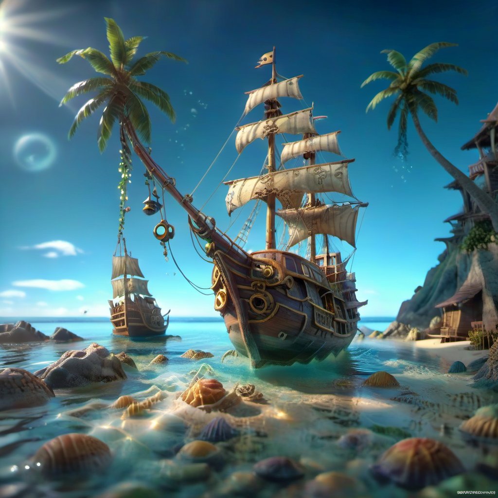 POV angle, MAGICAL cute STORYBOOK tropical bay , shabby STYLE lovely sailing ship on the beach, view on the tropical bay , summer, semi underwater view.  Modifiers: highly detailed dof trending on cgsociety steampunk fantastic view ultra detailed 4K 3D whimsical Storybook beautifully lit etheral highly intricate stunning color depth disorderly outstanding cute illustration cuteaesthetic Boris Vallejo style shadow play The mood is Mysterious and Spellbinding, with a sense of otherworldliness  otherwordliness macro photography style LEONARDO DIFFUSION XL STYLE vintage-futuristic