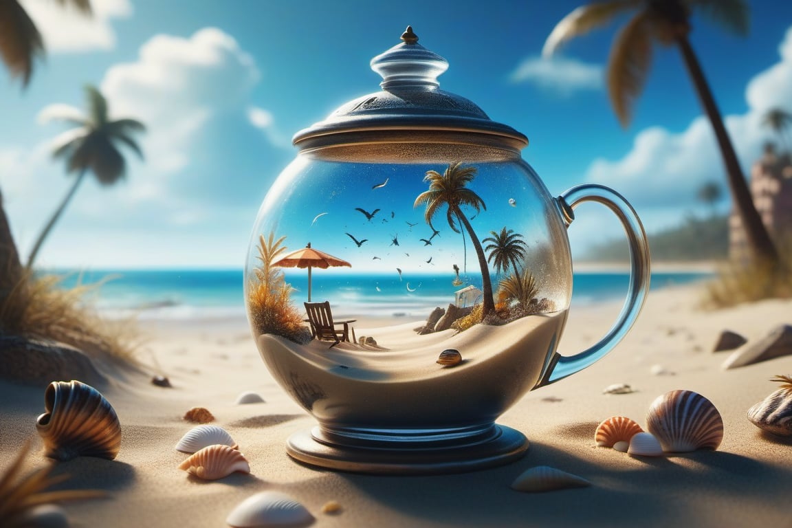 summer CLOUDS AND THUNDER INSIDE A GLASS TEA CUP on the tropical beach, palm trees and sand AROUND and little shells, Jean-Baptiste Monge, Kukharskiy Igor, Thomas wells schaller style, ghostly,scenery, Nazar Noschenko Modifiers: dof trending on cgsociety steampunk fantastic view ultra detailed 4K 3D whimsical Storybook beautifully lit etheral Quirky Exquisite highly intricate stunning color depth disorderly outstanding cute illustration cuteaesthetic Boris Vallejo style shadow play The mood is Mysterious and Spellbinding, with a sense of otherworldliness clock hands macro photography style LEONARDO DIFFUSION XL STYLE vintage