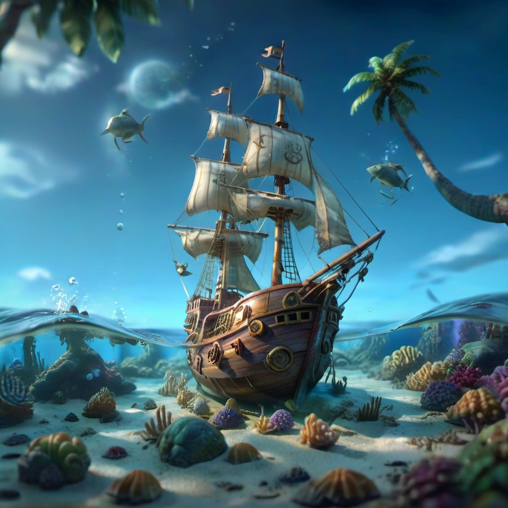 POV angle water, MAGICAL cute STORYBOOK tropical bay , shabby STYLE lovely sailing ship on the beach, view on the tropical bay , summer, semi underwater view.  Modifiers: highly detailed dof trending on cgsociety steampunk fantastic view ultra detailed 4K 3D whimsical Storybook beautifully lit etheral highly intricate stunning color depth disorderly outstanding cute illustration cuteaesthetic Boris Vallejo style shadow play The mood is Mysterious and Spellbinding, with a sense of otherworldliness  otherwordliness macro photography style LEONARDO DIFFUSION XL STYLE vintage-futuristic