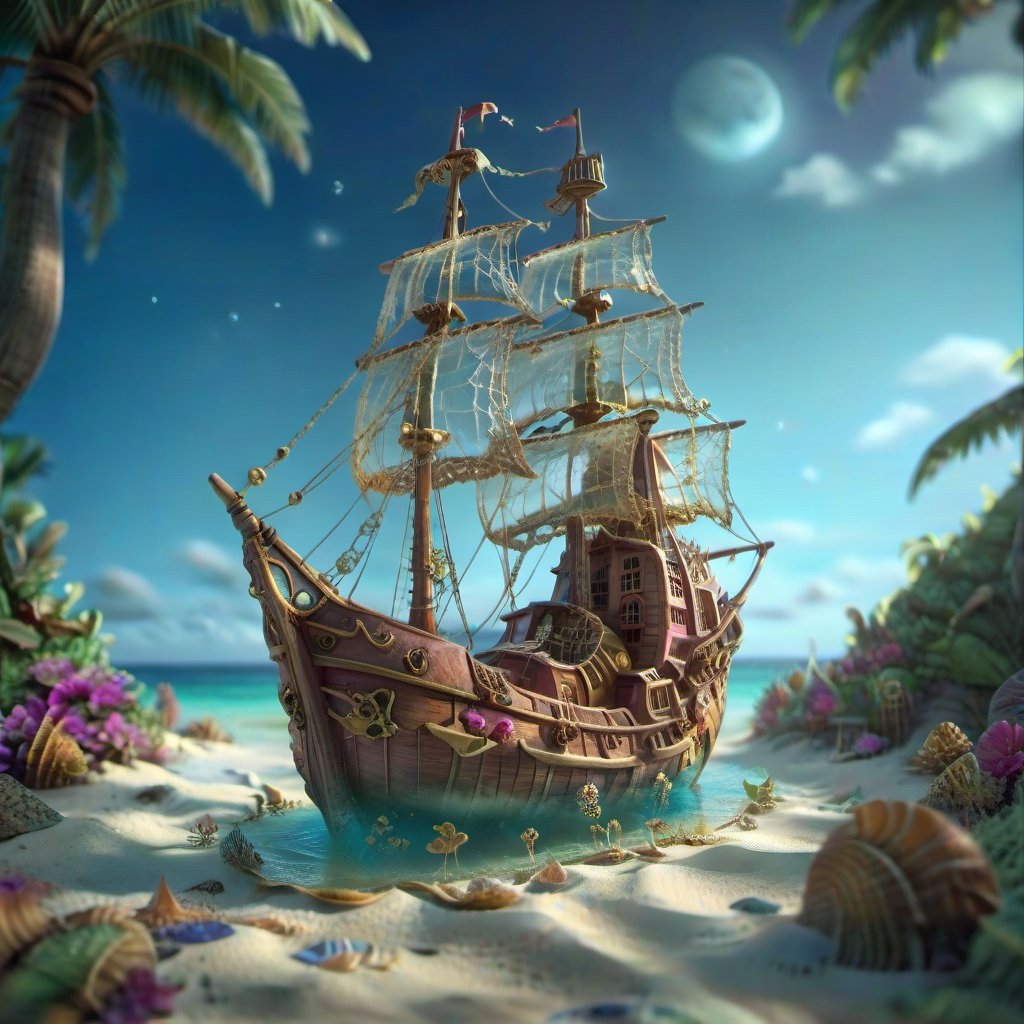 MAGICAL cute STORYBOOK tropical bay , shabby STYLE lovely sailing ship on the beach, view on the tropical bay , summer, semi underwater view.  Modifiers: highly detailed dof trending on cgsociety steampunk fantastic view ultra detailed 4K 3D whimsical Storybook beautifully lit etheral highly intricate stunning color depth disorderly outstanding cute illustration cuteaesthetic Boris Vallejo style shadow play The mood is Mysterious and Spellbinding, with a sense of otherworldliness  otherwordliness macro photography style LEONARDO DIFFUSION XL STYLE vintage-futuristic