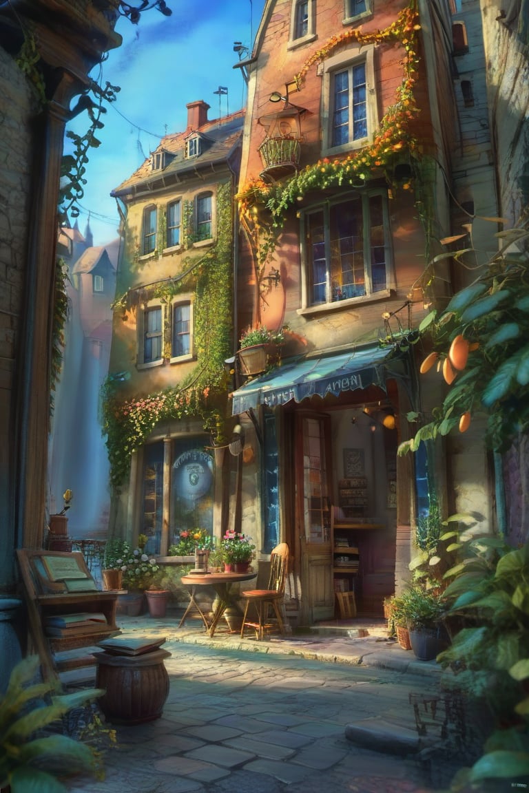 ((ultra ARTISTIC sketch)), (artistic sketch art) a magical detailed shabby style street with coble stones, an old bookstore streetfront, we see books and brooms in the shop window, morning light, beautiful terrace, garden at home, light, brilliant SUNSET EVENING NIGHTFALL TWILIGHT light, afternoon light, afternoon sun, garden environment, cozy place, lush flowers outdoors, afternoon light, ivy, bonsai, table, stool, Intricate and detailed atmospheric refractive lighting of Unreal Engine 5 movie concept photography masterpiece Octane renders trends on CGSocietybest realistic, best details, best quality, 16k, [ultra detailed], masterpiece, best quality, (extremely detailed), ultra wide shot, photorealism, depth of field, hyper realistic painting, 3d rendering mysterious, Breathtaking VieW, Jean-Baptiste Monge, Kukharskiy Igor, Thomas wells schaller style, magical scenery, Nazar Noschenko Modifiers: dof trending on cgsociety fantastic view ultra detailed 4K 3D whimsical Storybook beautifully lit etheral Quirky Exquisite highly intricate stunning color depth outstanding cute illustration cuteaesthetic shadow play The mood is Mysterious and Spellbinding, with a sense of otherworldliness, macro photography style LEONARDO DIFFUSION XL STYLE