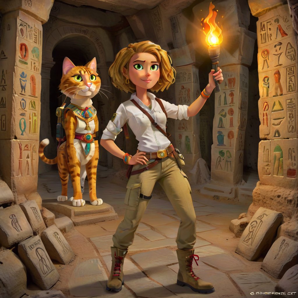 one tall skiny explorer woman in cargo pants khaki boots and white shirt, bob hair,  exploring the Pharao's catacomb with a torch, anchient Egyptian colorful detailed paintings, runes on the wall, one cute cat with the explorer 