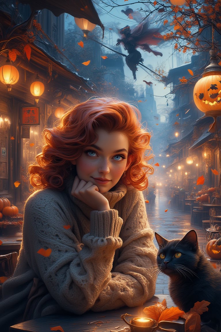 From the street, we see a magnetic girl (in a turtleneck pullover) In this magically sweet portrait, a cute young girl with soft, wavy reddish hair, deep blue eyes, smiles gently, sitting at a table in a restaurant, her gaze directed at the rainy street outside, fluffy black cat sitting with her . Colorful autumn leaves swirl in the wind, and the street is glowing with magical Halloween twilight lights. The antique-style street is decked out in spooky Halloween decorations, adding an eerie yet festive vibe to the scene. The girl’s stillness contrasts with the enchanting, lively magical Halloween atmosphere outside. The portrait radiates innocence and warmth, capturing a moment of pure sweetness. fantasy, magical, neat illustration, UHD. Modifiers:Pino Daeni etheral otherwordliness LEONARDO DIFFUSION XL STYLE, crisp quality,, A witch on a broomstick flies gracefully above the street.