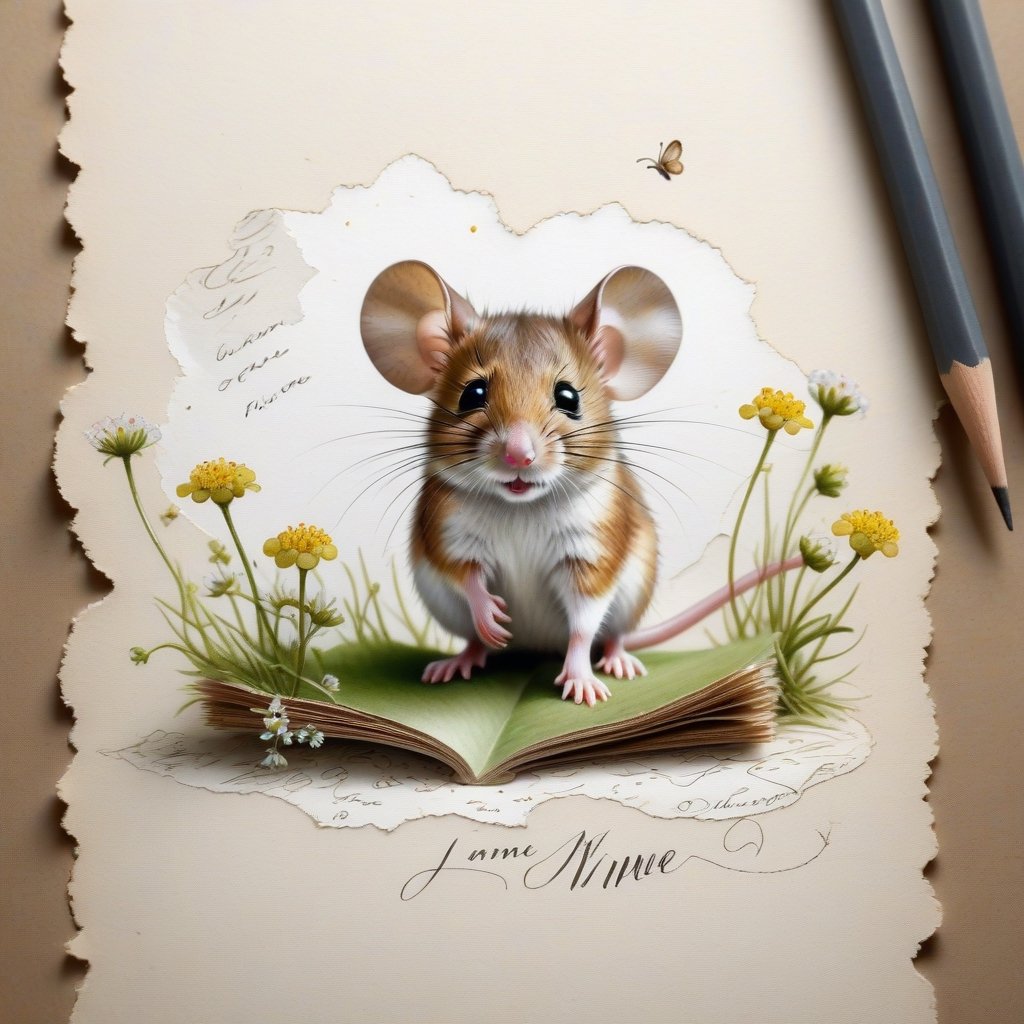 ((ultra realistic photo)), artistic sketch art, Make a little WHITE LINE pencil sketch of a cute LITTLE MOUSE on an old TORN EDGE paper , art, textures, pure perfection, high definition, LITTLE FRUITS around, TINY DELICATE FLOWERS, GRASS FIBERS on the paper, little calligraphy text