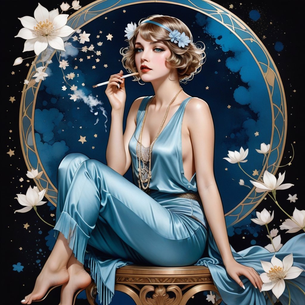 young girl with baby blue eyes, hair MESSY sultry LONG, full body shot, flapper satin pant, sitting, long legs, long cigarette, fume, flower petals,, ink splatter, starry sky . Modifiers: Alphonse Mucha,  decadent illustration,