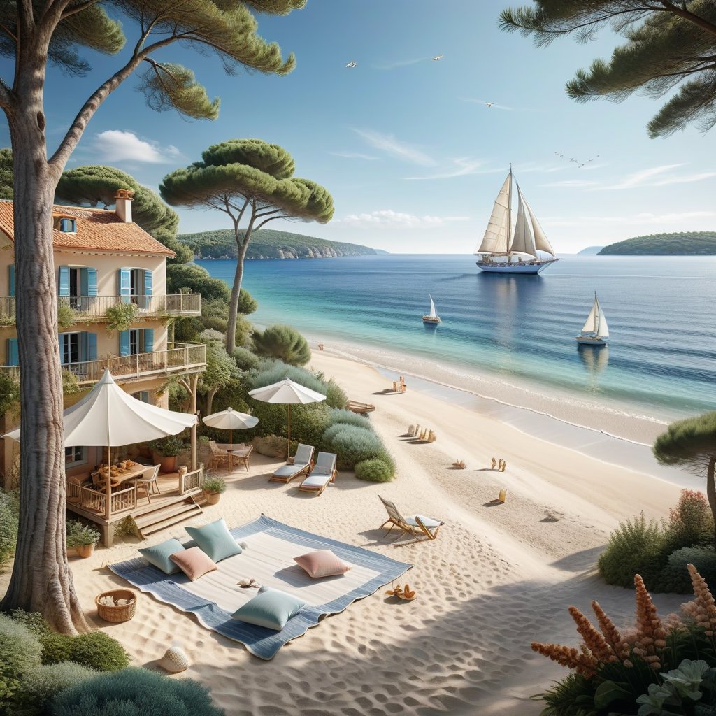 A serene NIzza beach scene unfolds before us. Little apartman house with terrace. Soft white sand stretches beneath the ge...
