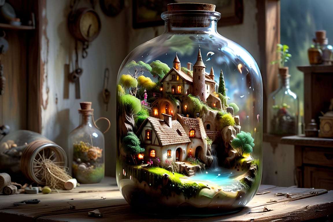 An anchient detailed shabby village trapped inside a bottle, fantasy, magical, neat illustration, UHD Modifiers:Pino Daeni etheral otherwordliness LEONARDO DIFFUSION XL STYLE, crisp quality 
