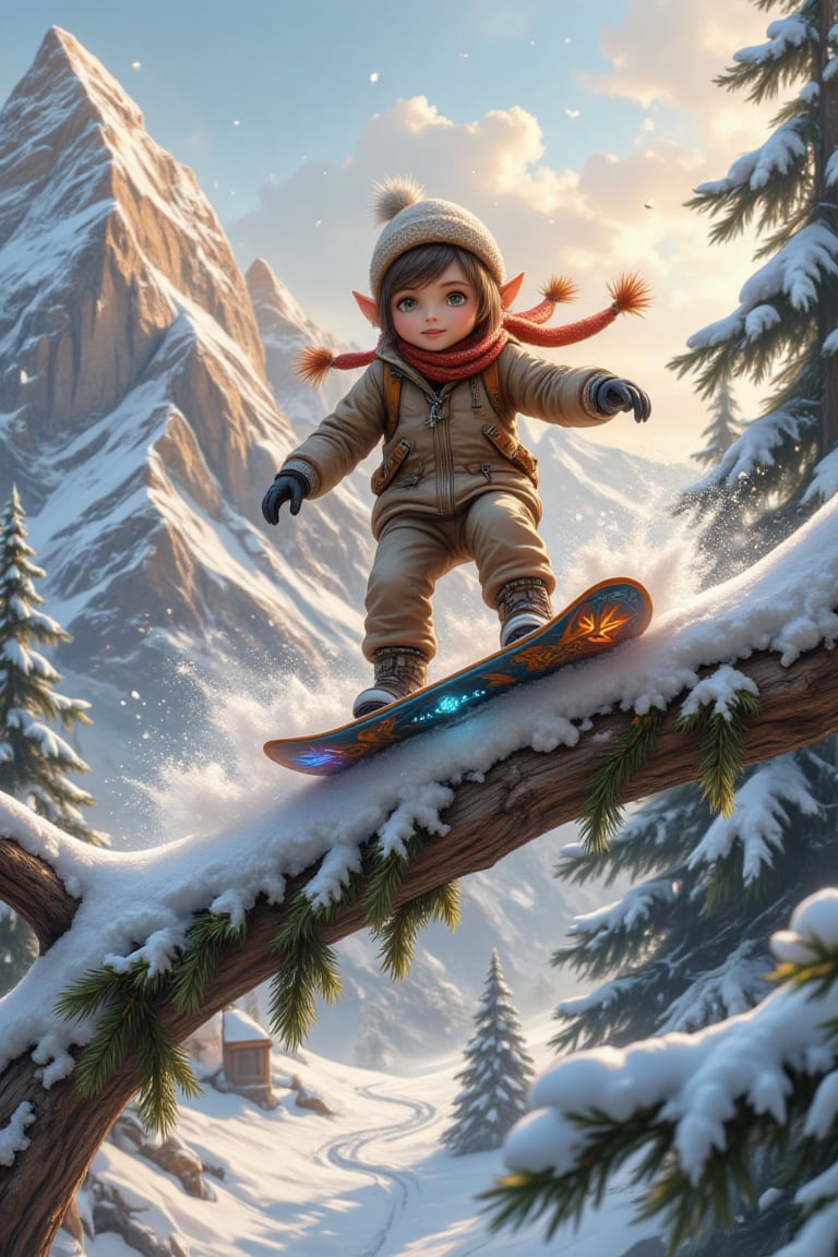 "A whimsical winter scene featuring a tiny,  mischievous elf snowboarding down a snow-covered pine branch that curves grac...