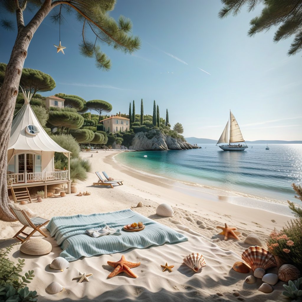 A serene NIzza beach scene unfolds before us. Little apartman house with terrace. Soft white sand stretches beneath the ge...