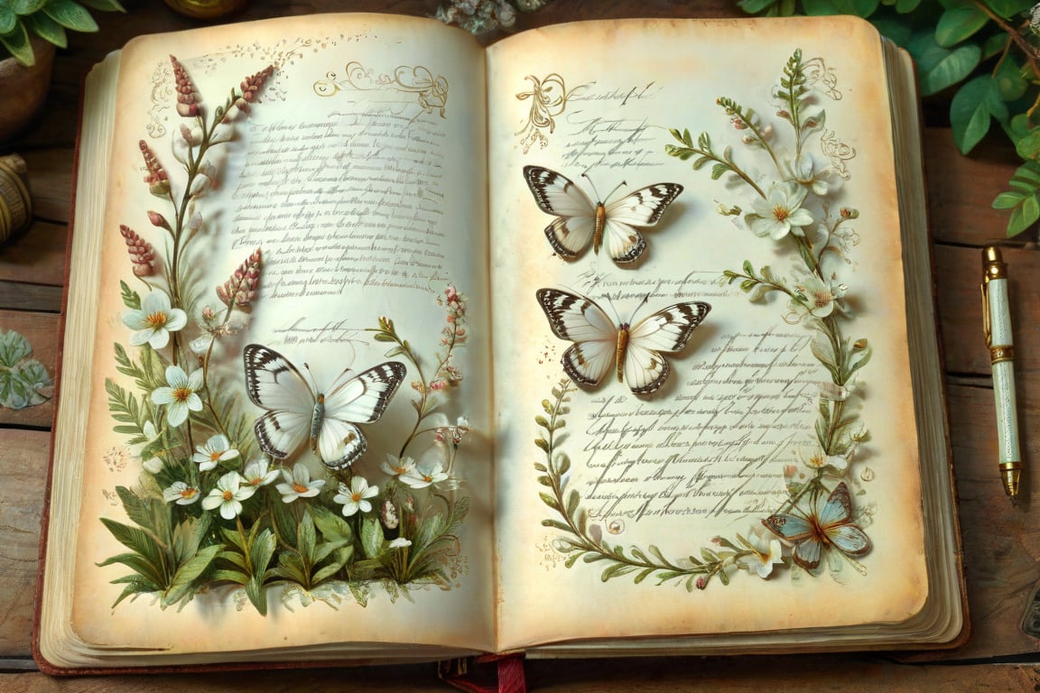 Beautifully illustrated , antique hand written nature journal page, 3d little white butterflies and tiny flowers and focused detail on the journal page illustration. Modifiers: , magical, midjourney, astonishing, outstanding, otherwordliness, cute illustration, cuteaesthetic, Boris Vallejo style, highly intricate, whimsical, 4K 3D, stunning color depth, cute illustration, , stunning color depth, dreamlike, highly intricate illustration, macro photography style
