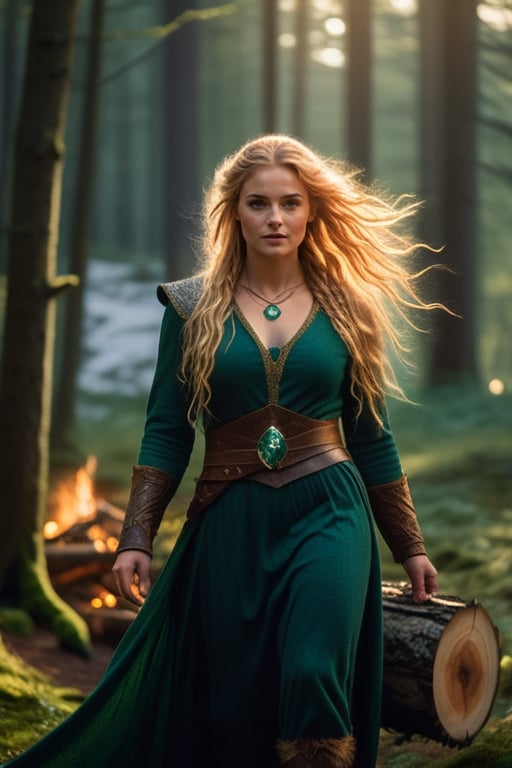 A majestic full-bodied Norse Viking woman, with a cascade of waist-length golden hair that shines like strands of sunlight, her piercing emerald eyes shine like starlit gems in the ethereal nighttime glow of the moon. She is stoically collecting firewood in a forest.