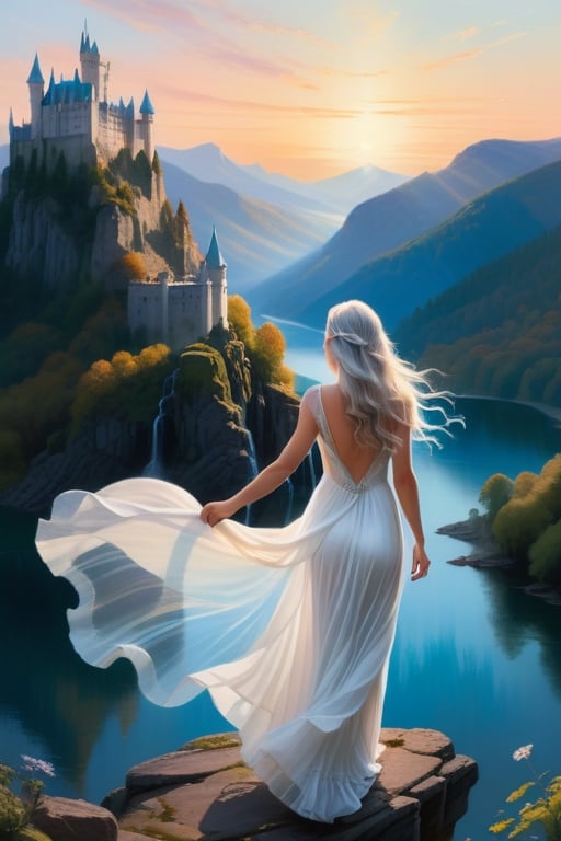 A serene, ethereal figure in a flowing white gown, her long, silver hair cascading down her back like a waterfall. She gazes out over a misty mountainside, her paintbrush poised in one delicate hand, capturing the delicate dance of sunlight filtering through the ancient trees. In the background, a majestic castle perched on a cliff overlooks a tranquil lake reflecting the colors of the setting sun.